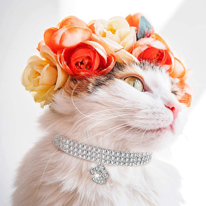 Set of 3 Adjustable Rhinestone Pet Collars with Glitter Pendant for Small Dogs and Cats - Elastic Crystal Necklaces (White)