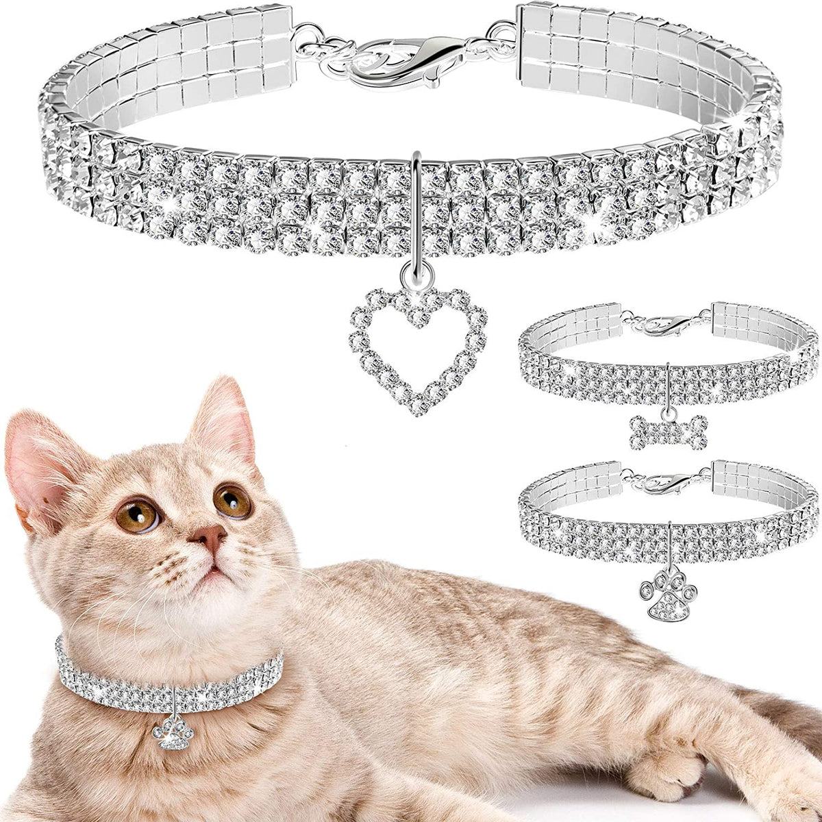 Set of 3 Adjustable Rhinestone Pet Collars with Glitter Pendant for Small Dogs and Cats - Elastic Crystal Necklaces (White)