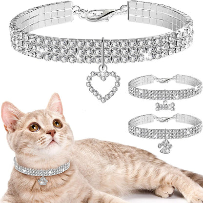 Set of 3 Adjustable Rhinestone Pet Collars with Glitter Pendant for Small Dogs and Cats - Elastic Crystal Necklaces (White)