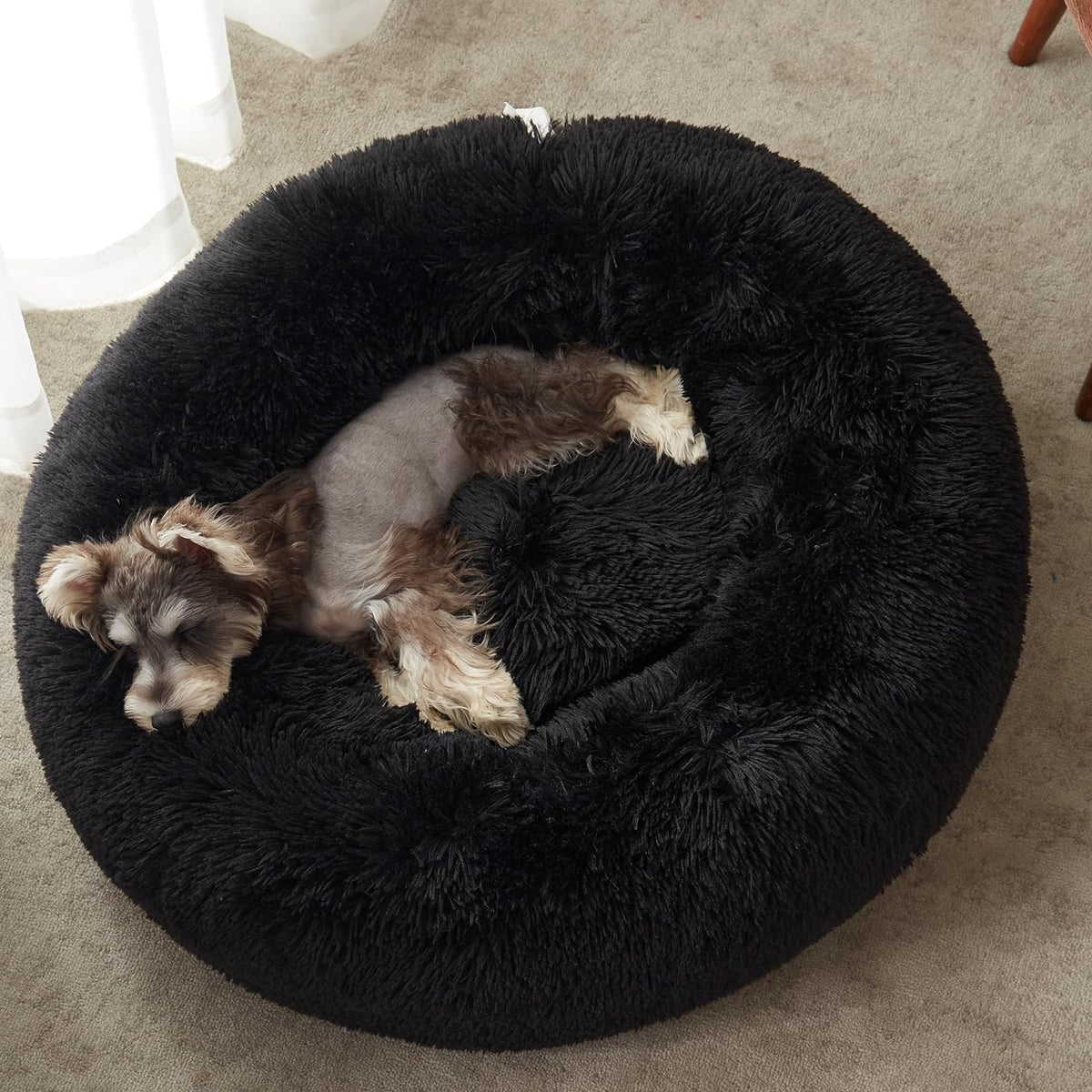 Western Home Washable Calming Donut Pet Bed, 20" Black Faux Fur Cuddler for Small Dogs and Cats, Anti-Anxiety, Self-Warming with Non-Slip Bottom, Suitable for Pets Up to 12 lbs