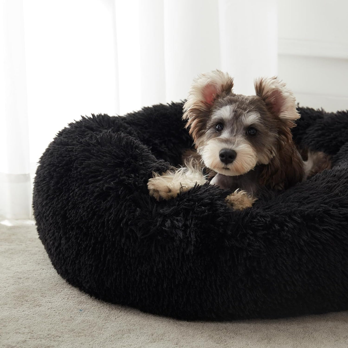Western Home Washable Calming Donut Pet Bed, 20" Black Faux Fur Cuddler for Small Dogs and Cats, Anti-Anxiety, Self-Warming with Non-Slip Bottom, Suitable for Pets Up to 12 lbs