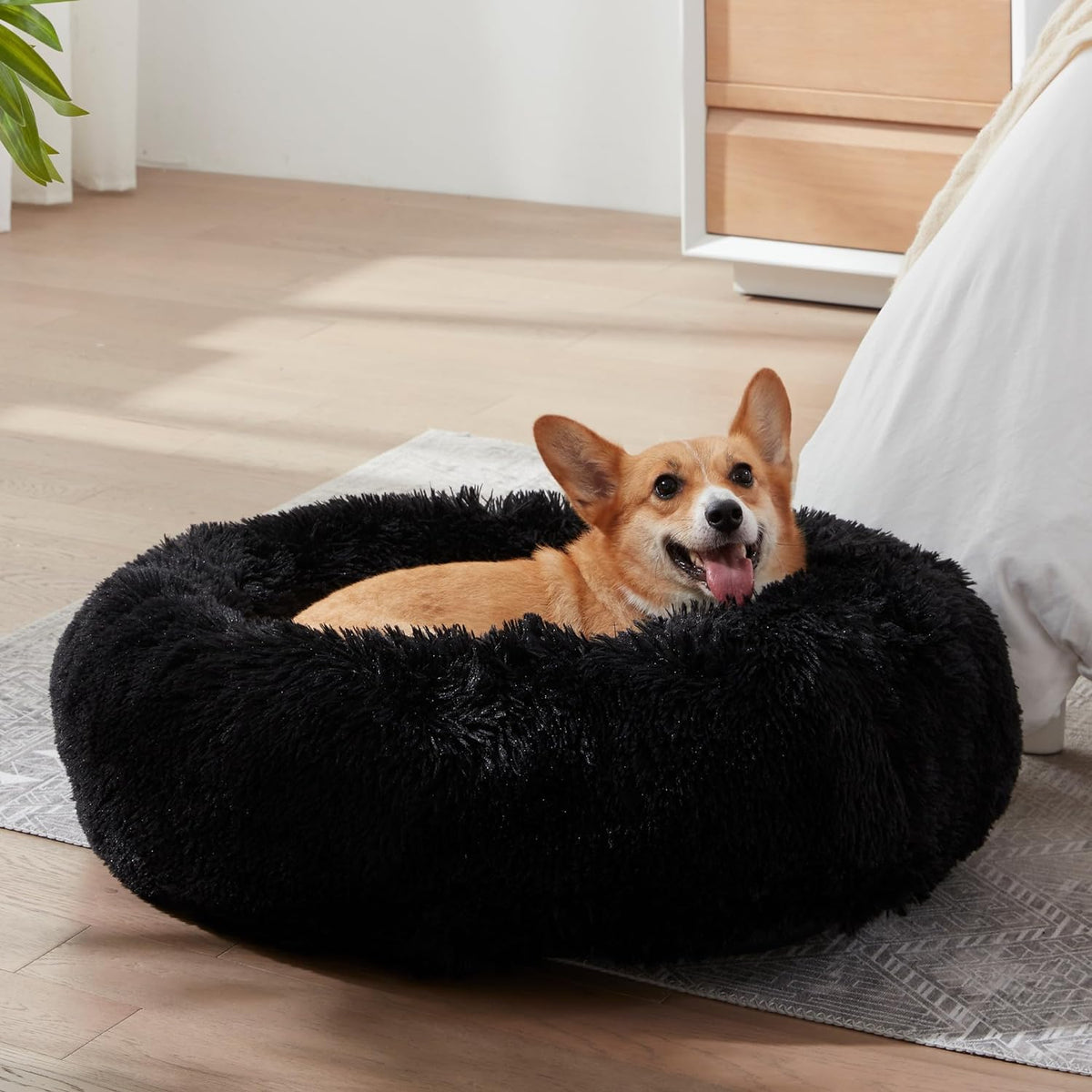 Western Home Washable Calming Donut Pet Bed, 20" Black Faux Fur Cuddler for Small Dogs and Cats, Anti-Anxiety, Self-Warming with Non-Slip Bottom, Suitable for Pets Up to 12 lbs