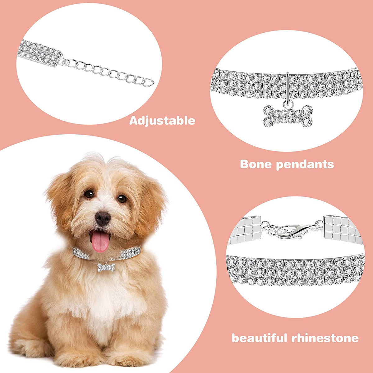 Set of 3 Adjustable Rhinestone Pet Collars with Glitter Pendant for Small Dogs and Cats - Elastic Crystal Necklaces (White)