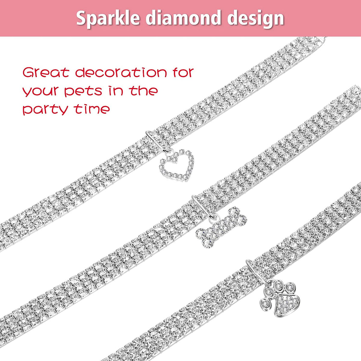 Set of 3 Adjustable Rhinestone Pet Collars with Glitter Pendant for Small Dogs and Cats - Elastic Crystal Necklaces (White)