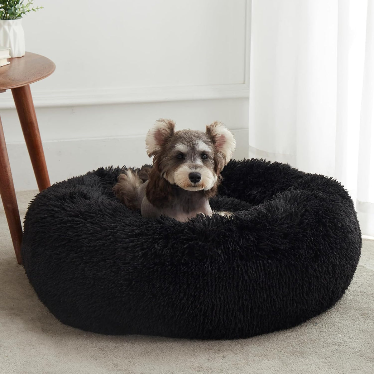 Western Home Washable Calming Donut Pet Bed, 20" Black Faux Fur Cuddler for Small Dogs and Cats, Anti-Anxiety, Self-Warming with Non-Slip Bottom, Suitable for Pets Up to 12 lbs