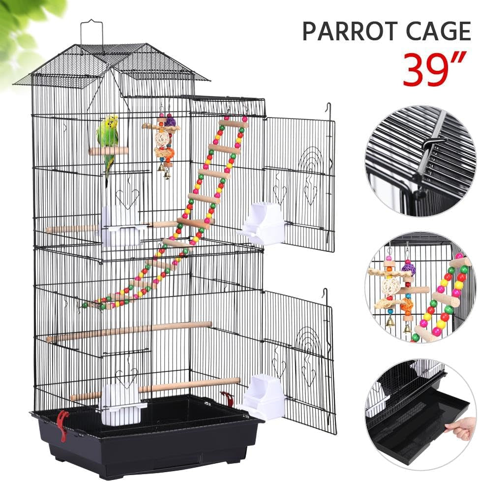 Yaheetech 39" Wrought Iron Roof Top Flight Cage with Accessories for Cockatiels, Conures, Lovebirds, Budgies, and Small Birds